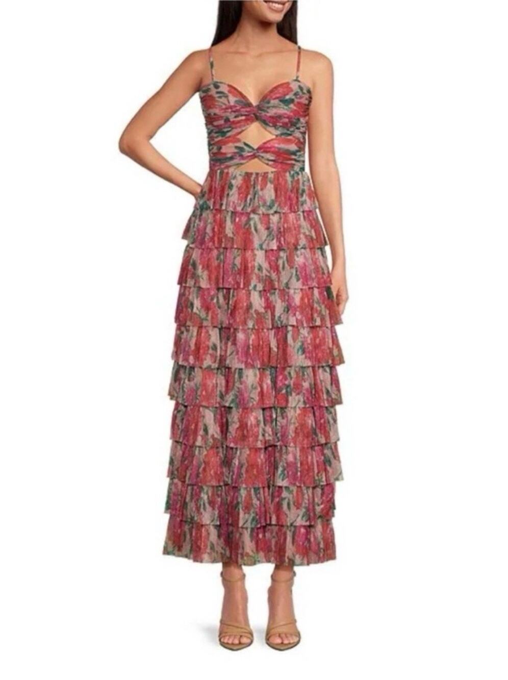 Gianni Bini Grace Plisse Metallic Floral Tiered Maxi Dress Cutout 6 Pink $219